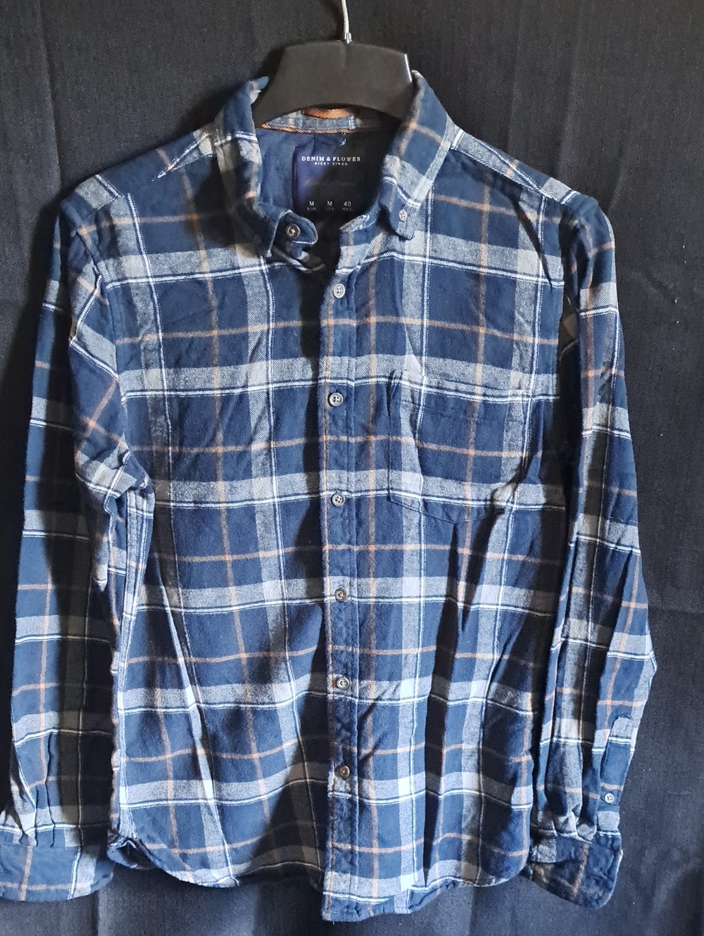 Denim & Flower Men's Navy Blue, Grey With Orange Stripe Plaid Button-Down Shirt